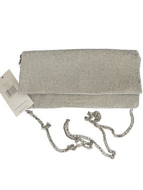 Steve Madden Silver Rhinestone BFROSTY Silver Foldover Clutch with Chain Strap